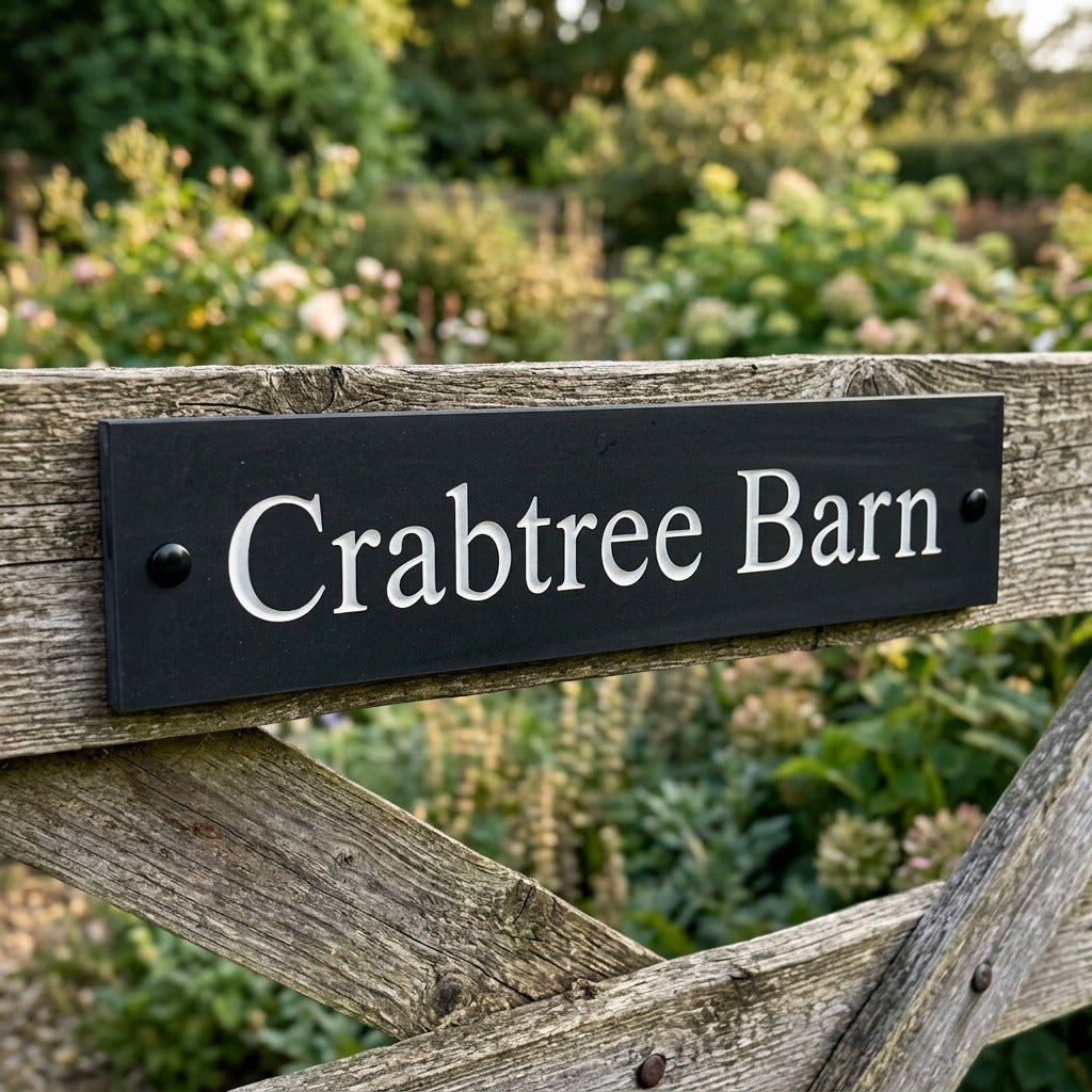 Introducing our stunning 30cm x 5cm Polished Natural Slate House Sign, designed to make a lasting impression! Crafted with durability in mind, it features beautifully carved lettering that enhances its elegance and visibility. Transform your home's entrance with this exquisite sign! www.HouseSign.co.uk