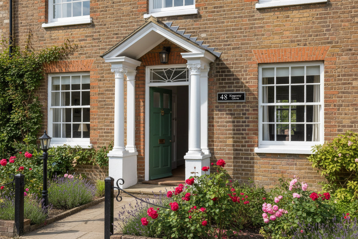 A black square House Sign with clear deep cut numbers featuring a green plant placed elegantly on its surface www.HouseSign.co.uk