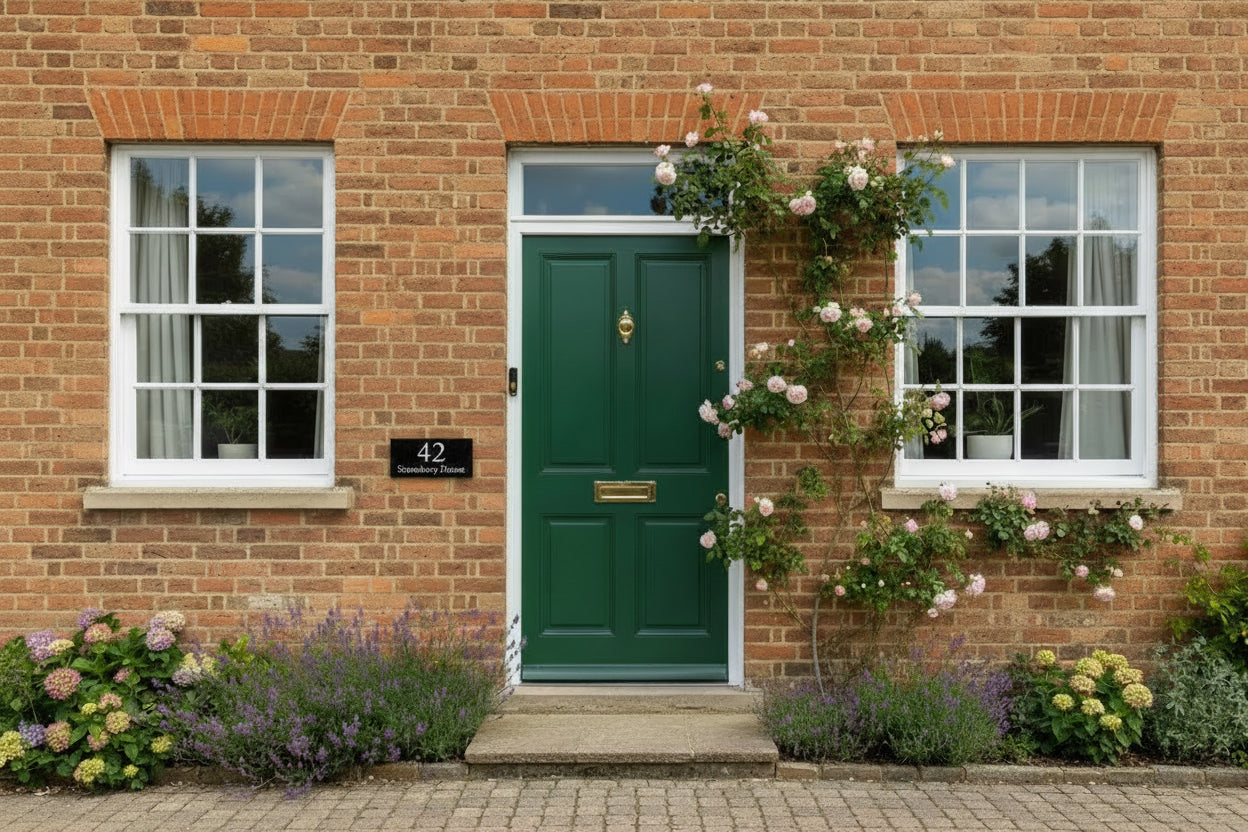 A black square House Sign with clear deep-cut numbers featuring a green plant placed elegantly on its surface www.HouseSign.co.uk