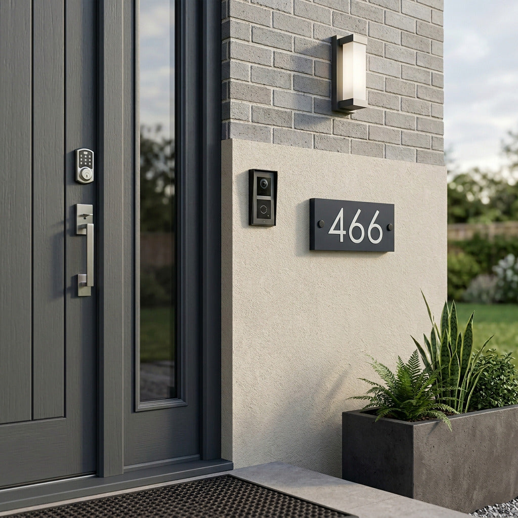 Natural slate house number 466 sign beside a video doorbell at a modern front entrance.