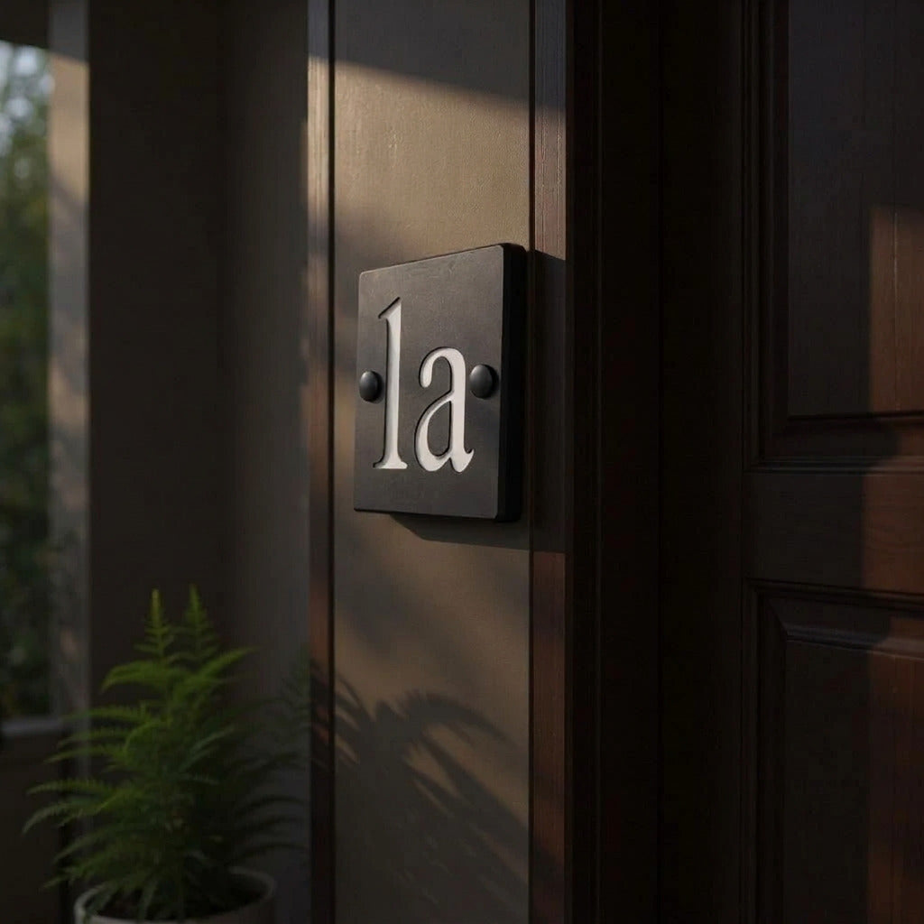Natural slate house sign with white 1a lettering mounted on dark panelling beside a front door.