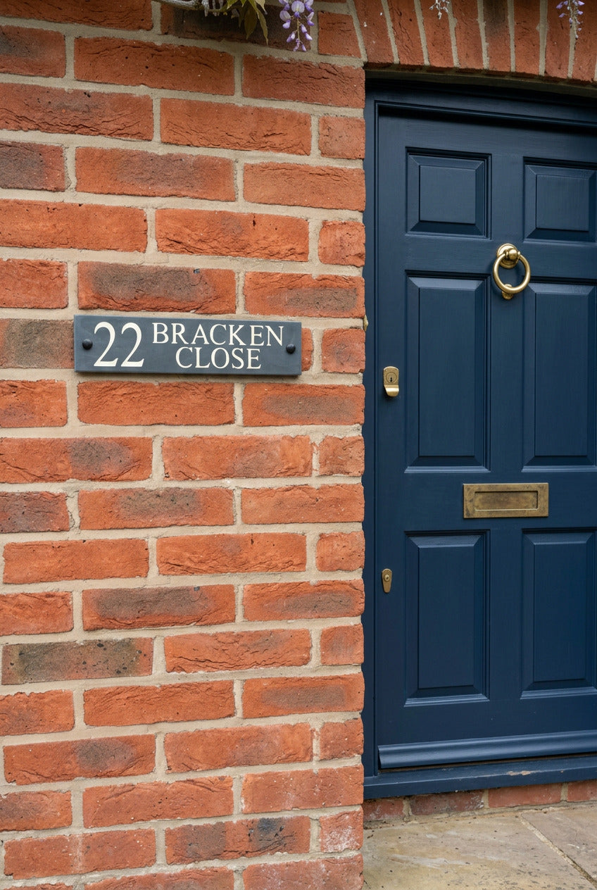 Natural slate address sign reading ‘22 Bracken Close’, mounted on brickwork beside a dark blue front door.