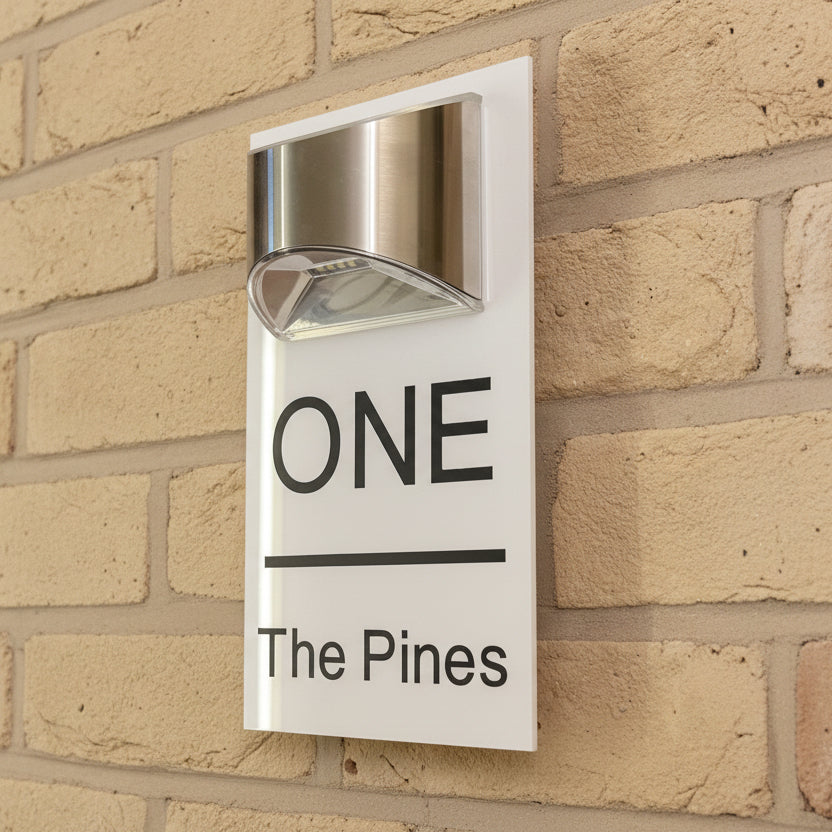 LED Solar Acrylic House Sign on cream brick wall www.HouseSign.co.uk White