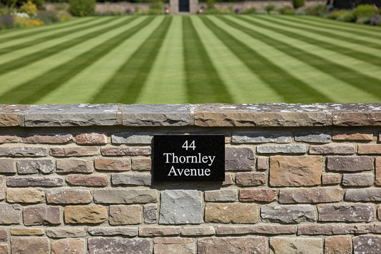 A black square House Sign with clear deep cut numbers featuring a green plant placed elegantly on its surface www.HouseSign.co.uk 