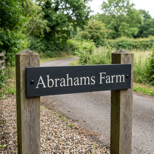 Natural slate sign reading ‘Abrahams Farm’, fixed between two wooden posts beside a country lane.
