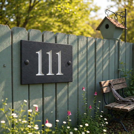 Rectangular natural slate house number 111 sign mounted on a green wooden garden fence.