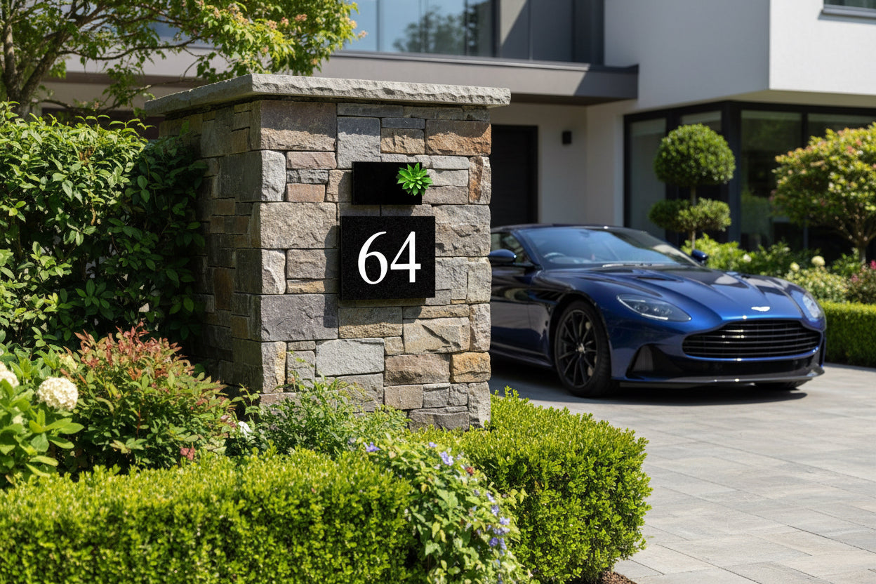 A black square House Sign with clear deep-cut numbers featuring a green plant placed elegantly on its surface www.HouseSign.co.uk 