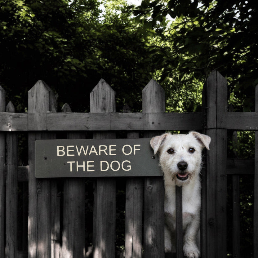 A Beware Of The Dog Gate Sign made in Natural Slate with polished edges and hard-wearing carved lettering www.HouseSign.co.uk