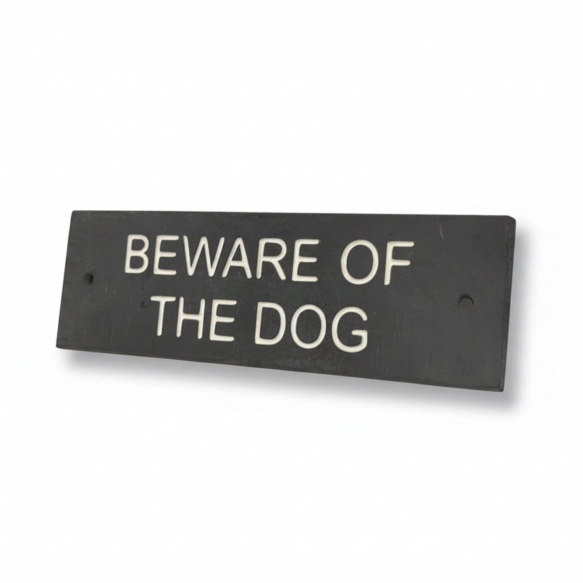 A Beware Of The Dog Gate Sign made in Natural Slate with polished edges and hard-wearing carved lettering www.HouseSign.co.uk