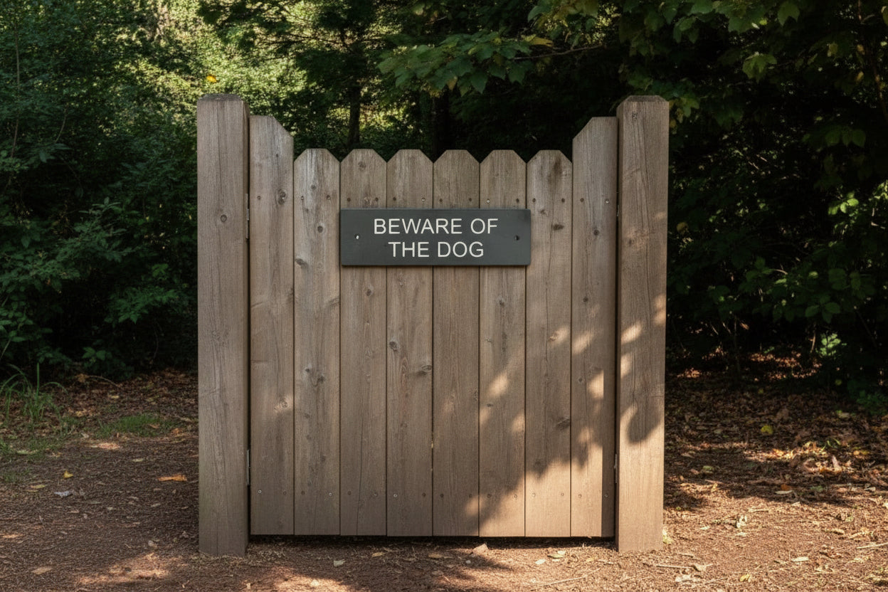 A Beware Of The Dog Gate Sign made in Natural Slate with polished edges and hard-wearing carved lettering www.HouseSign.co.uk