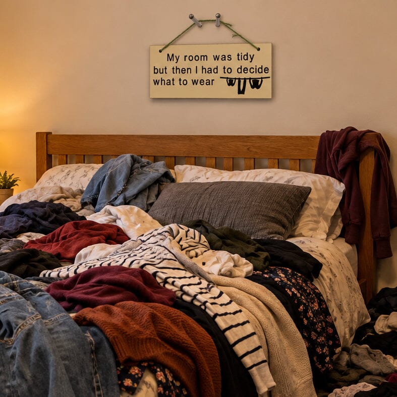 My room was tidy but then I had to decide what to wear Gifts www.HouseSign.co.uk 