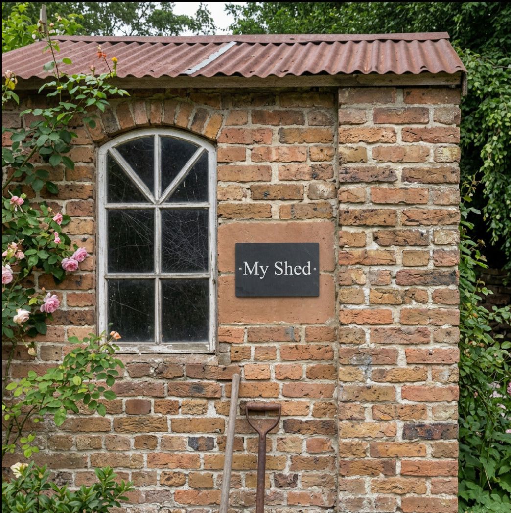 Natural slate sign reading ‘My Shed’, mounted beside an arched window on a rustic brick garden shed.