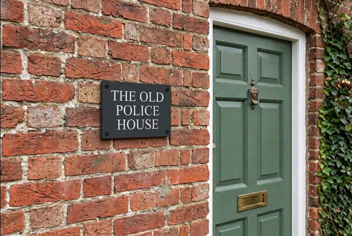 Natural slate house sign reading ‘THE OLD POLICE HOUSE’, mounted on red brickwork beside a green front door.