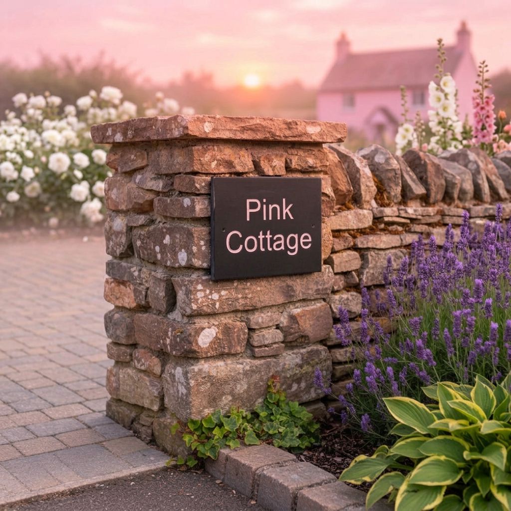 Natural slate house sign reading ‘Pink Cottage’, mounted on a stone entrance pillar beside lavender.