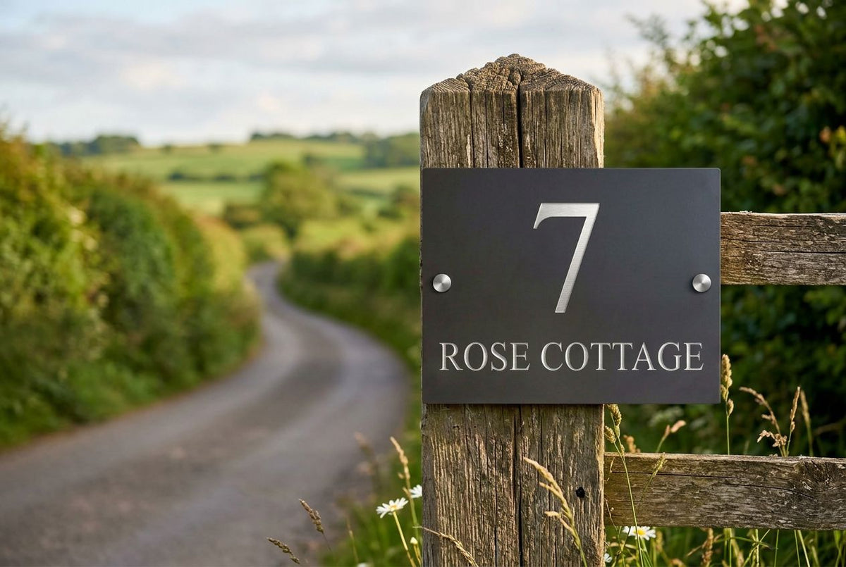 Natural slate sign reading ‘7 ROSE COTTAGE’, with silver-coloured fixing caps on a wooden gatepost beside a country lane.
