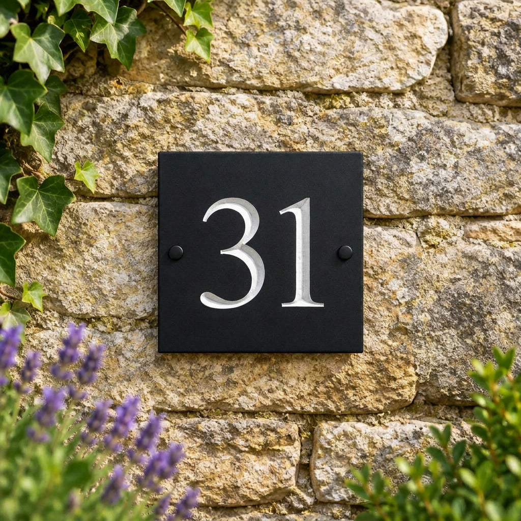 Square natural slate house sign with white number 31 on a stone wall beside ivy and lavender.