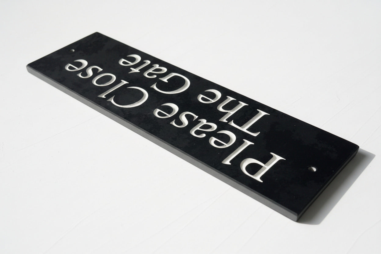 A Please Close The Gate Sign made in Natural Slate with polished edges and hard-wearing carved lettering www.HouseSign.co.uk