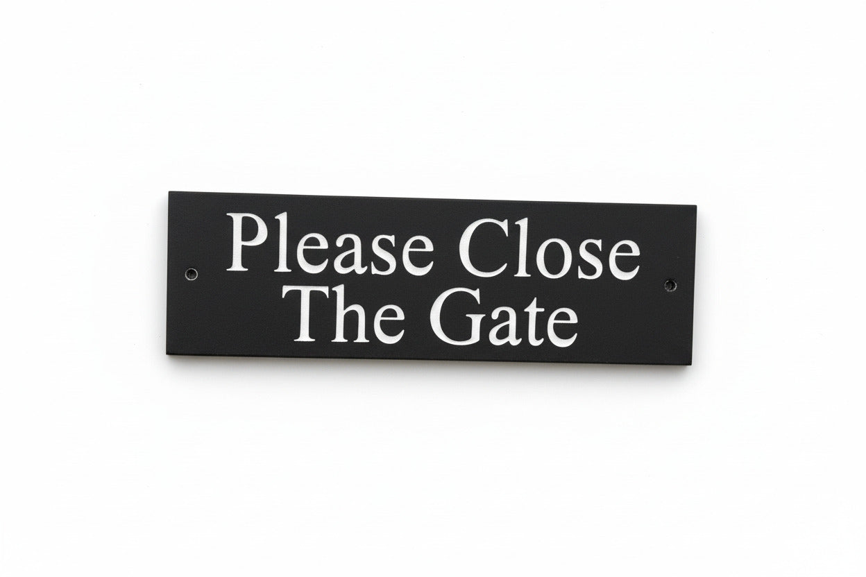 A Please Close The Gate Sign made in Natural Slate with polished edges and hard-wearing carved lettering sign size 30cm x 10cm www.HouseSign.co.uk
