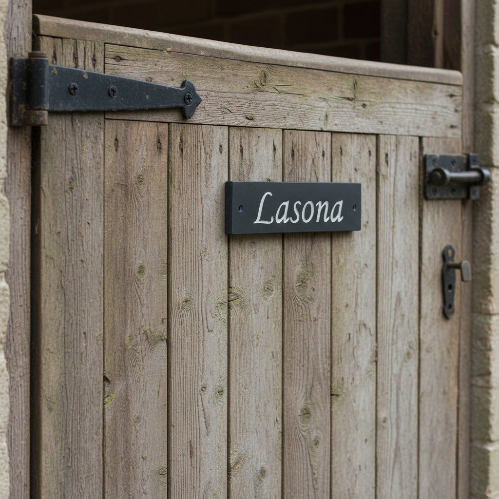 A sturdy stable slate sign with a prominently displayed stable horse name, indicating its purpose or providing information of a horse name to a passersby.