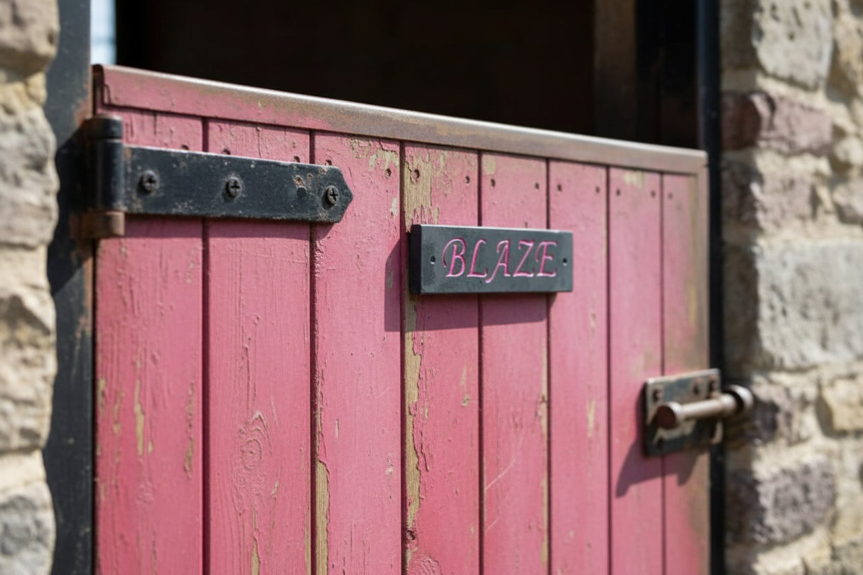 A sturdy stable slate sign with a prominently displayed stable horse name, indicating its purpose or providing information of a horse name to a passersby.