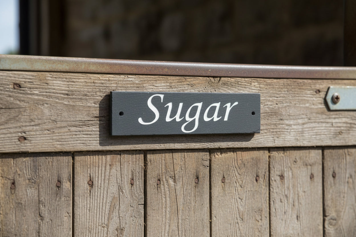 A sturdy stable slate sign with a prominently displayed stable horse name, indicating its purpose or providing information of a horse name to a passersby.