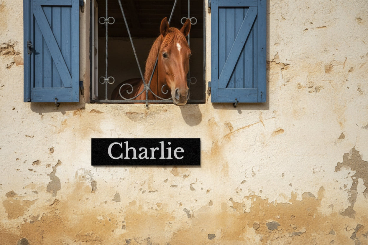 A sturdy stable slate sign with a prominently displayed stable horse name, indicating its purpose or providing information of a horse name to a passersby.