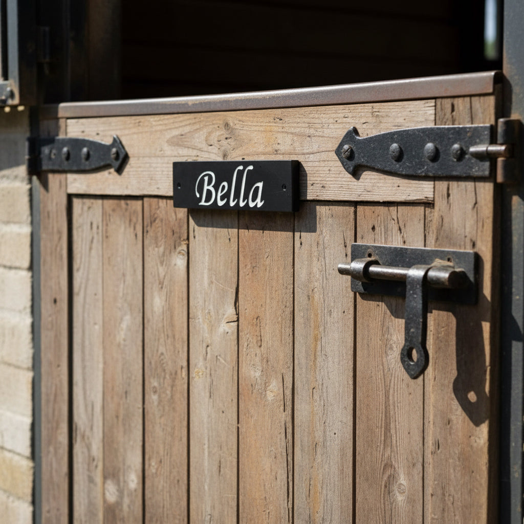 A sturdy stable slate sign with a prominently displayed stable horse name, indicating its purpose or providing information of a horse name to a passersby.