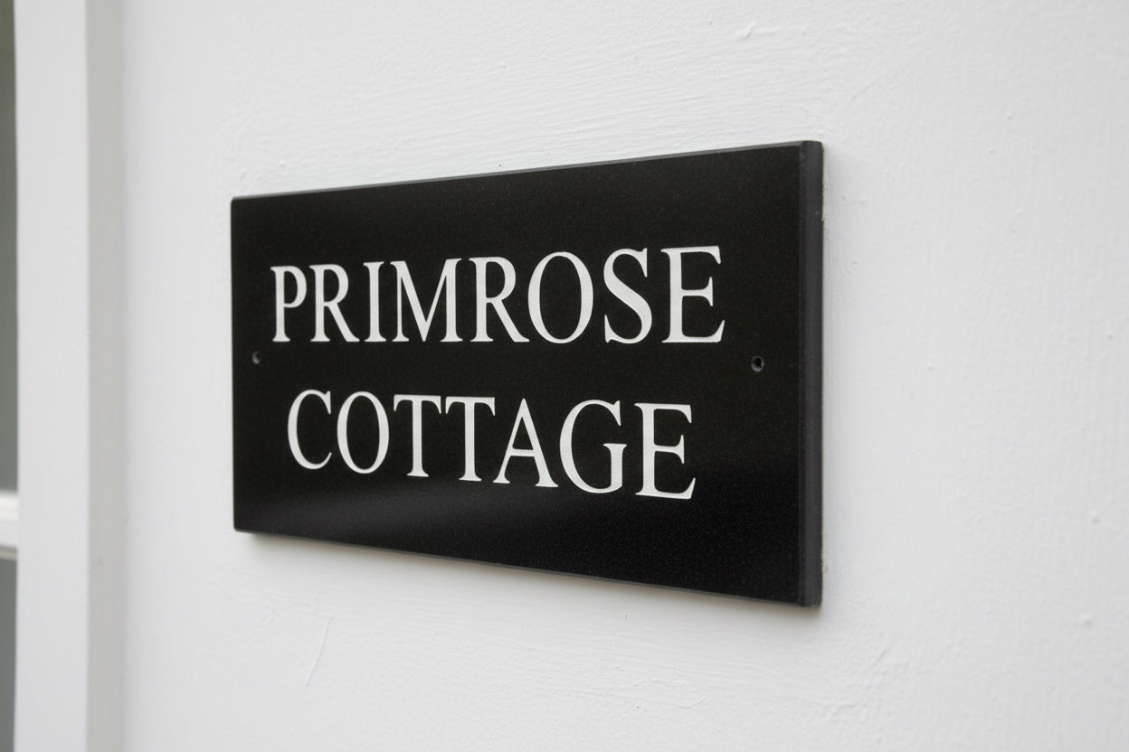 A black square House Sign with clear deep-cut numbers featuring a green plant placed elegantly on its surface www.HouseSign.co.uk 