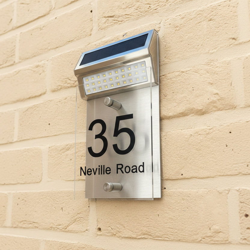 LED Solar House Sign on a brick wall www.HouseSign.co.uk 