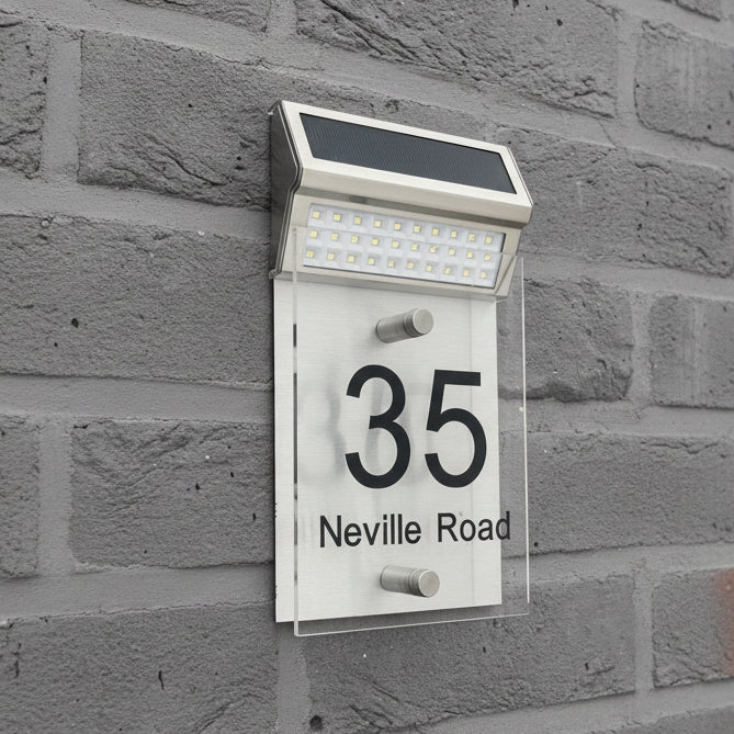 LED Solar House Sign on a brick wall. www.HouseSign.co.uk 