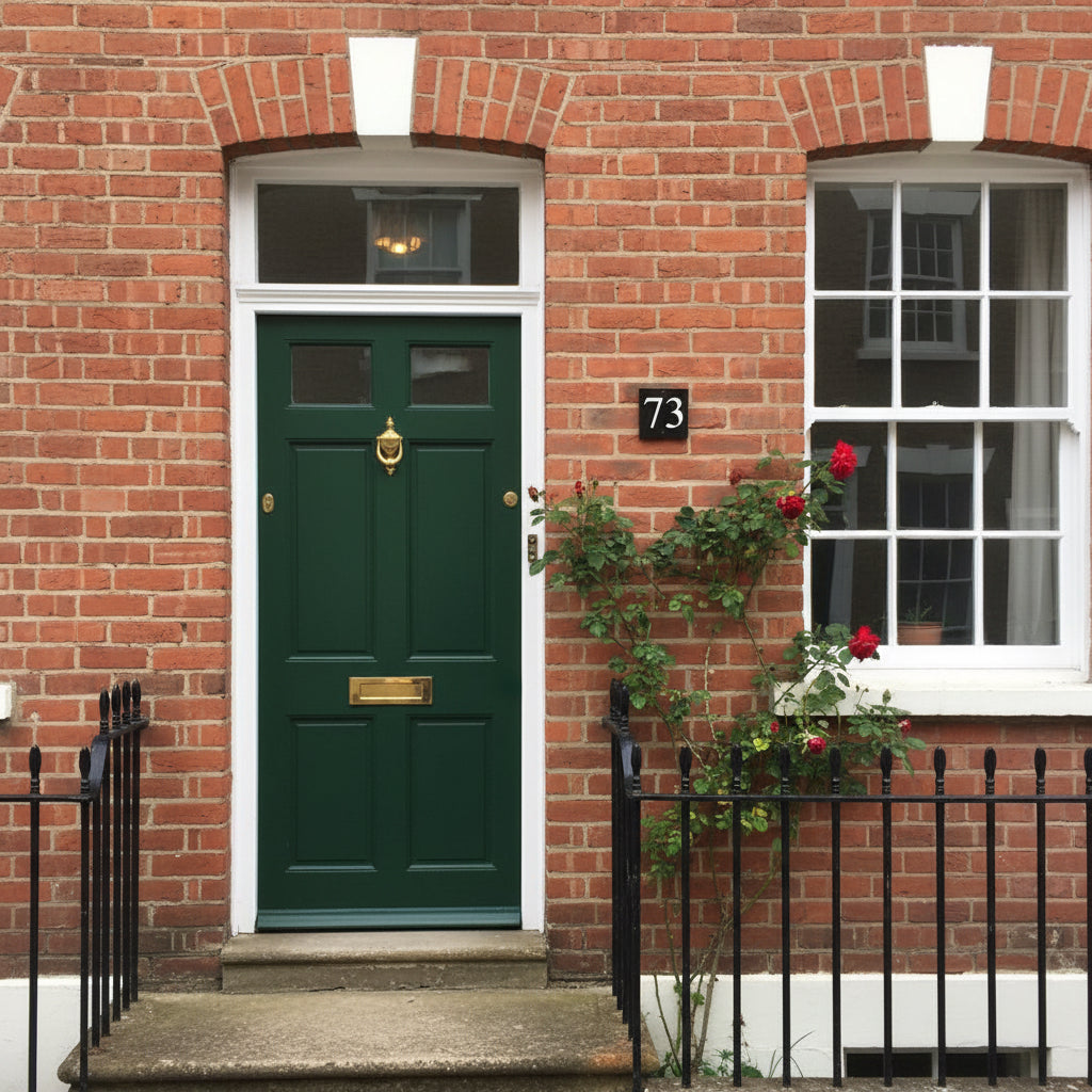 A black square House Sign with clear deep cut numbers featuring a green plant placed elegantly on its surface www.HouseSign.co.uk 