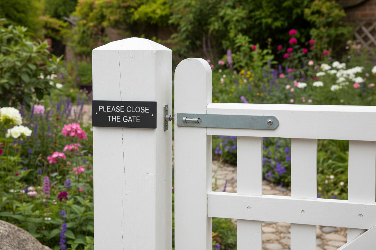 A Please Close The Gate Sign made in Natural Slate with polished edges and hard-wearing carved lettering www.HouseSign.co.uk
